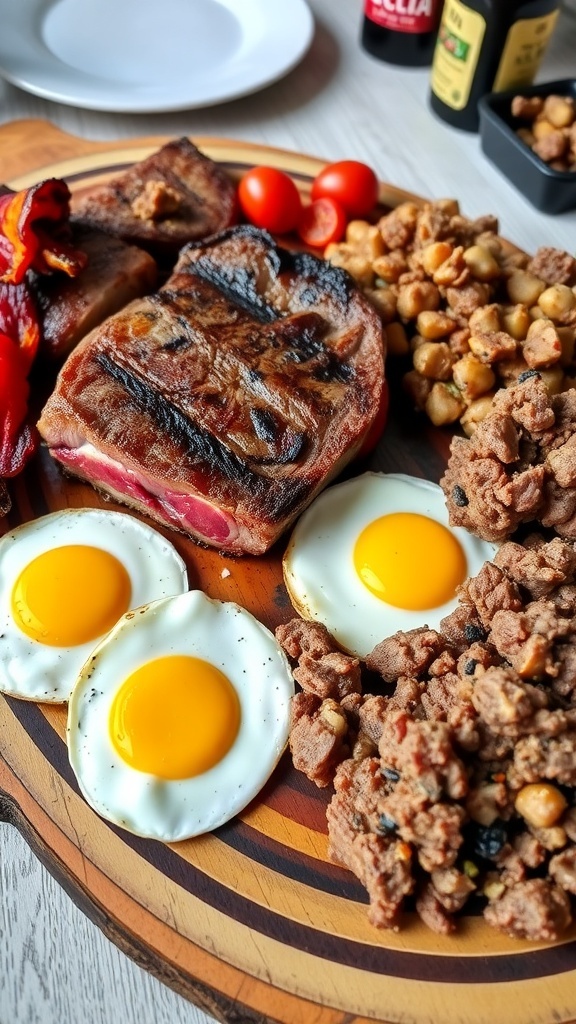 A platter of various cooked meats including steak, eggs, bacon, and ground beef.